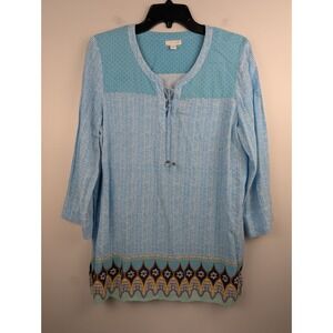 J Jill Women's S Tunic Pullover 3/4 Sleeve Top Drawstring Tassel‎ Tie Slit Sides